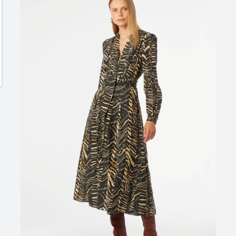 Marie Oliver Lillian Cotton-Silk Twill Belted Midi Dress Animal Stripe Size 16